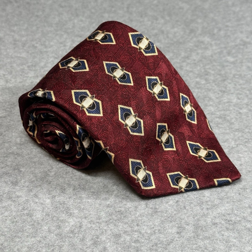 Bill Blass Black Label Silk Tie Burgundy Geometric‎ Medallion USA 57x3.75in VTG